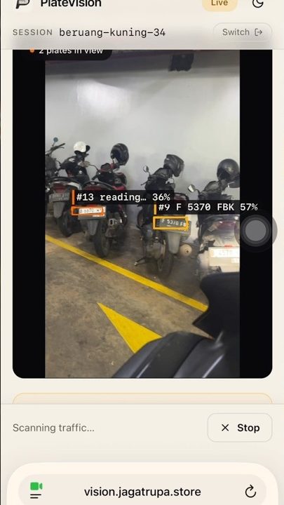 Cuplikan aplikasi JagatVision membaca beberapa plat motor sekaligus
